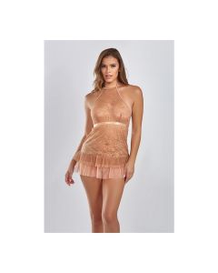 Amber Halter Lace Babydoll w/Tiered Pleated Mesh Skirt Hem & G-String Brown