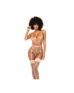 Floral Embroidered Teddy w/Underwire Cup & Garters Pink