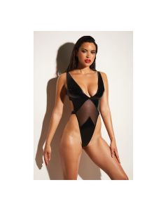 FETISH Limitless Soft Cup High Leg Vinyl & Mesh Teddy Black