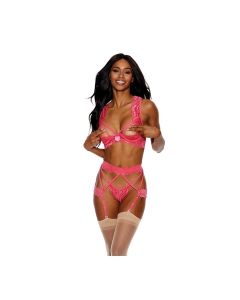 Lace Underwire Peek a Boo Bra, Garterbelt & G-String Coral