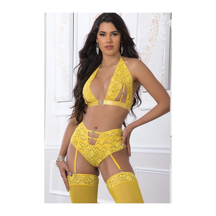 High Waist Lace Garter Panty, Halter Top w/Stockings Illuminating O/S